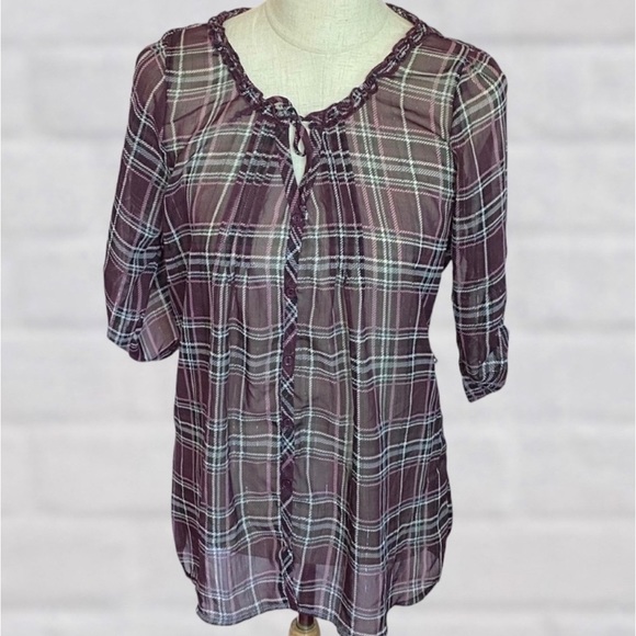 VANITY Medium Sheer Purple Keyhole Neck Tie Front Long Sleeve Button Up Blouse - Picture 5 of 5